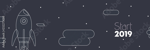 Banner Start 2019 mit Rakete in den Wolken im Stil einer Zeichnung