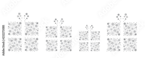 Banner mit vier Geschenkkartons und Sternen silber