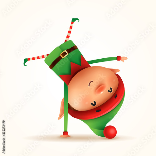 Little elf standing on his arm. Upside down. Isolated.