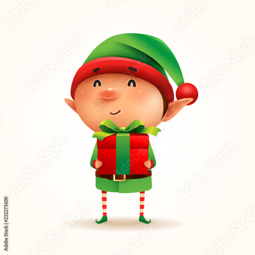 Little elf with gift present. Isolated.