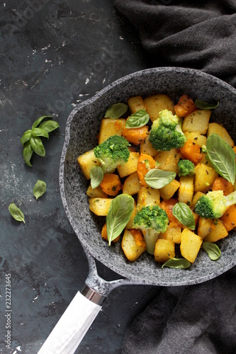 Stuffed vegetables on cooking pan. Top view. Vegetarian and vegan food.