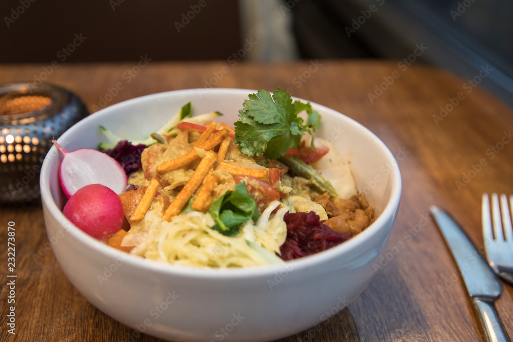 view of a bowl with delicious colorful tasty salad