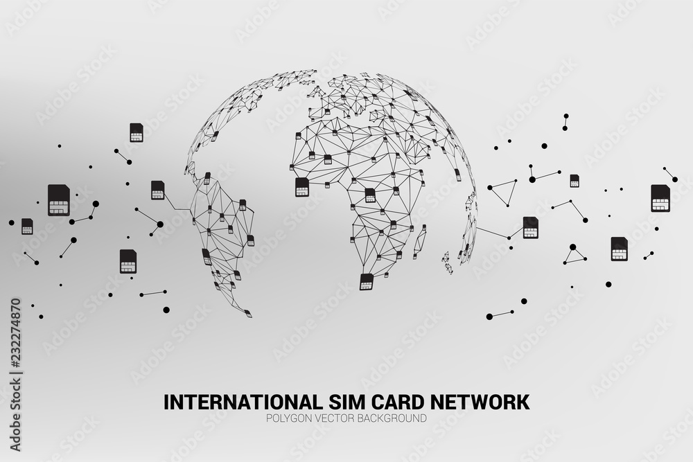 Vector Polygon sim card network connect line to world map shape