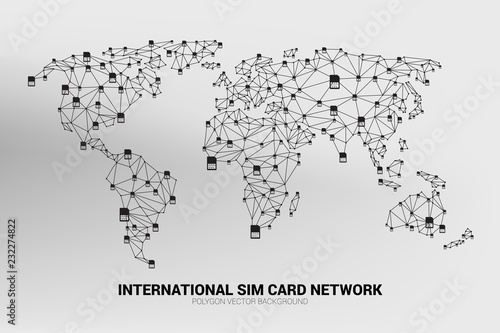 Vector Polygon sim card network connect line to world map shape. Concept for international sim card service  and network.