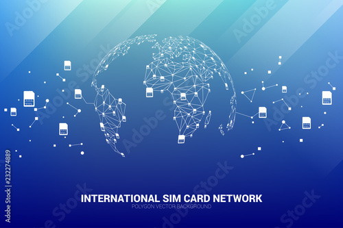 Vector Polygon sim card network connect line to world map shape. Concept for international sim card service  and network.