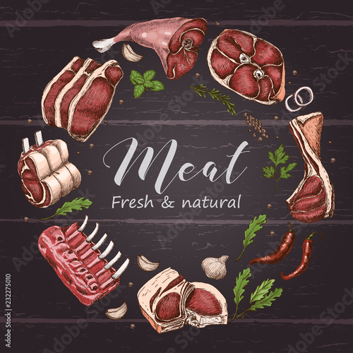 Isolated meat circle with different color meats in sketch style.