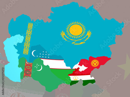 Foto Central Asia with national flags on blue political globe.