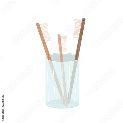 Family bamboo toothbrushes. Eco-friendly healthy image. Vector hand drawn illustration. 