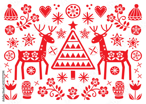 Christmas folk art greeting card with reindeer, flowers, Xmas tree and winter clothes pattern in red on white background - Merry Christmas decoration
