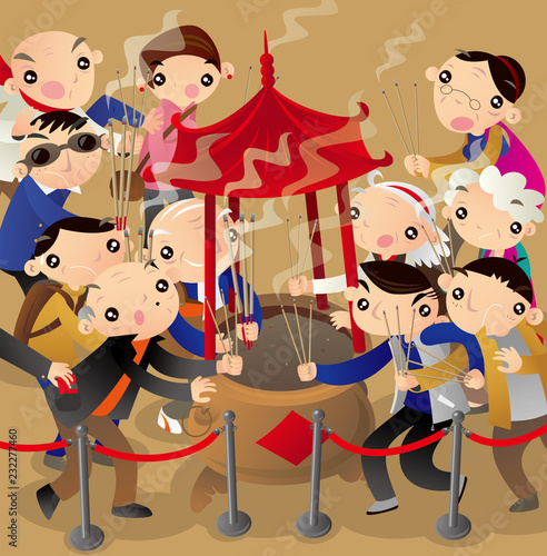 Vector illustration of Burning the First Incense Stick. It is a Chinese New Year folk practice that believers think it is the greatest sincerity to Gods.