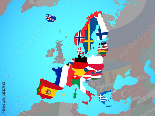 Schengen Area members with national flags on blue political globe.