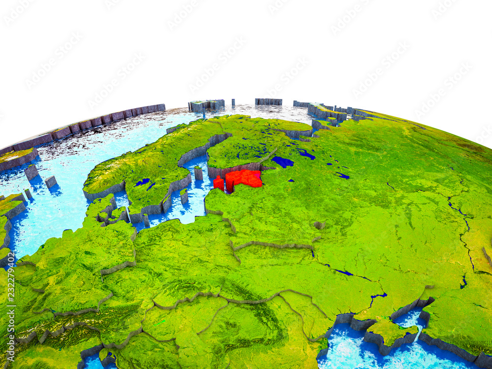 Estonia on 3D Earth with visible countries and blue oceans with waves.