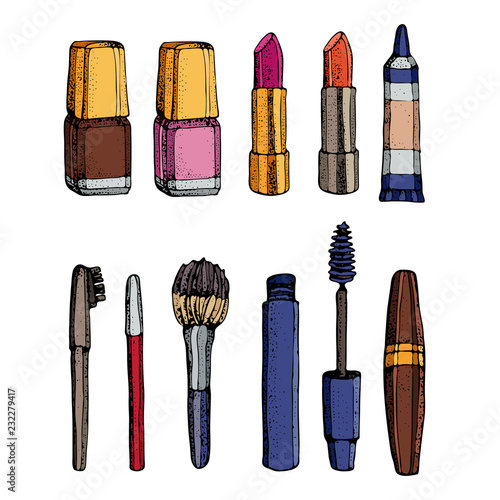 Beauty store collection with make up. Hand drawn beauty, make up, cosmetic doodles, isolated vector illustrations on a white background