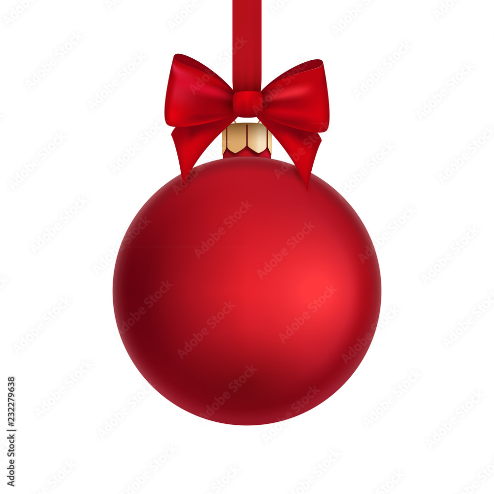 Realistic red christmas ball with bow, isolated on white Realistic red christmas ball with bow, isolated on white