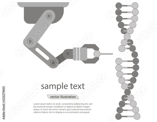 Manipulation of DNA double helix. robotic arm on white background.