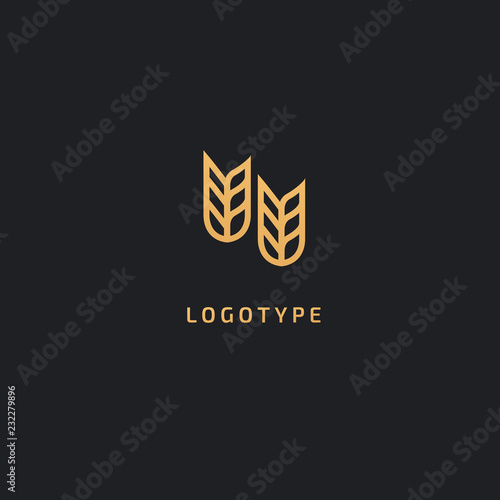 Vector stock logo, abstract nature sign. Illustration design of elegant, premium and royal logotype bakery, bread, agroculture, grain, millet, field, flour. Vector icon of gold ear.