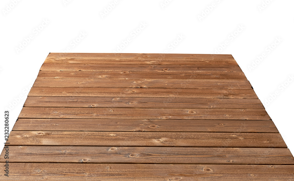 Perspective view of wooden or log table corner from top on white background included clipping path.