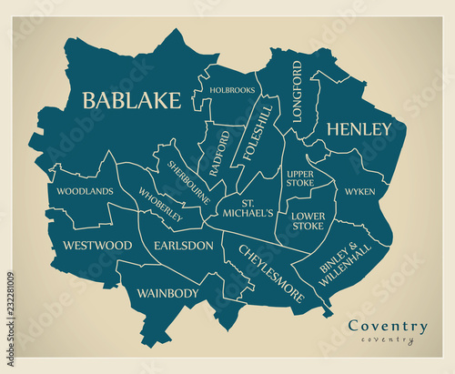 Modern City Map - Coventry city of England with wards and titles UK