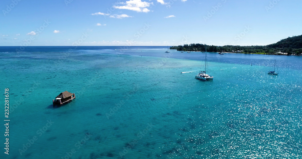 boat in aerial view, french polynesia boat in aerial view, french polynesia