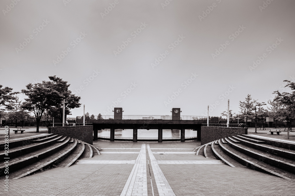 Obraz premium Modern landscape design Fuganungakansui Park in Toyama city, Japan