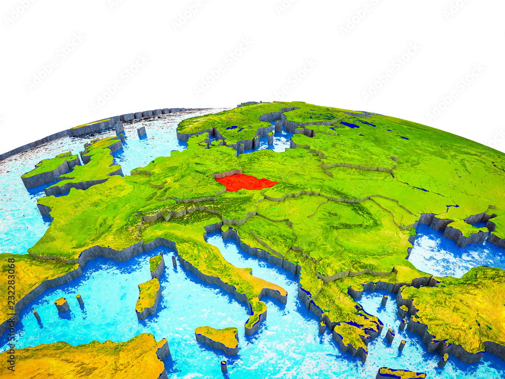 Czech republic on 3D Earth with visible countries and blue oceans with waves.