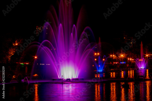 Glowing multicolored illumination fountains in the Far Eastern city of Khabarovsk.