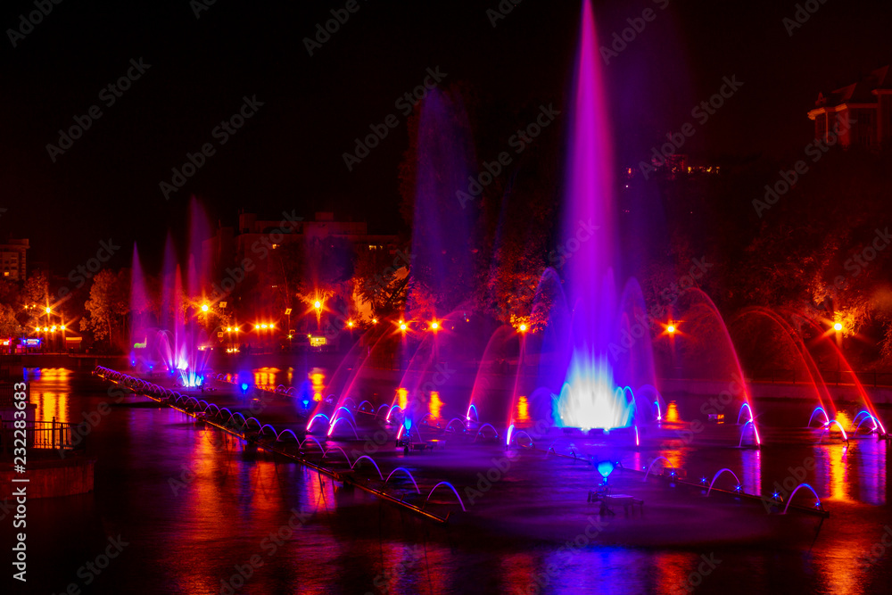 Glowing multicolored illumination fountains in the Far Eastern city of Khabarovsk.
