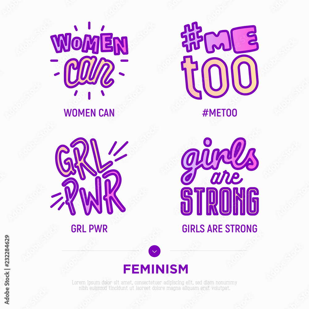 Feminism stickers with quotes: women can, me too, girl power, girls are strong. Thin line icon style. Modern vector illustration.