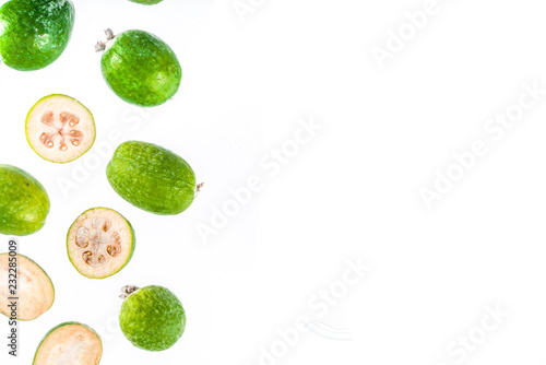Tropical fruit, raw organic feijoa isolated on white background layout pattern copy space top view