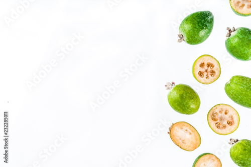 Tropical fruit, raw organic feijoa isolated on white background layout pattern copy space top view photo