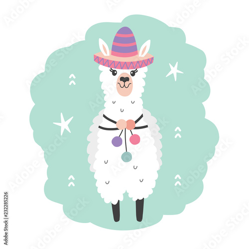 Hand Drawn Cartoon Llama Character in Sombrero