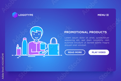 Manager with promotional products for clients. Concept with thin line icons: tote bag, water bottle, cup, lighter. Vector illustration, web page template.