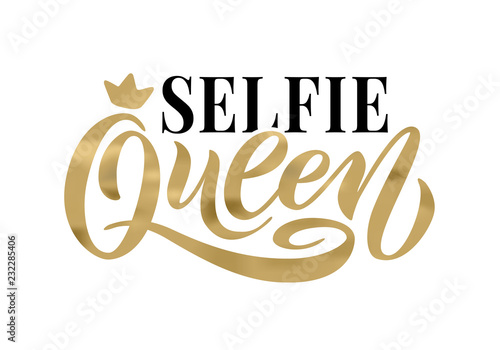 Selfie queen word with crown. Hand lettering text vector illustration