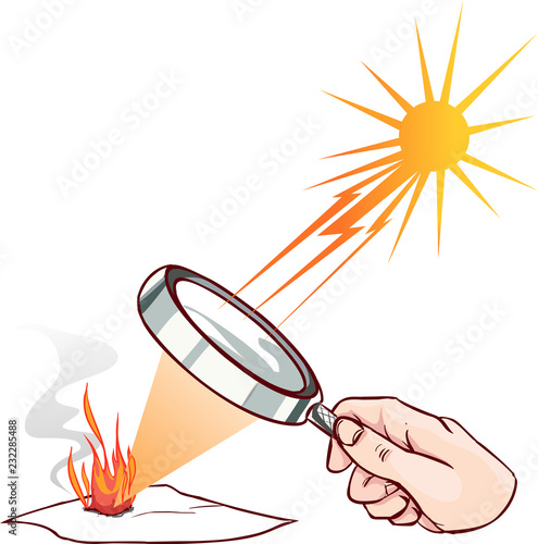 Magnifying lens used to concentrate some solar rays on a piece of  paper. Digital illustration.