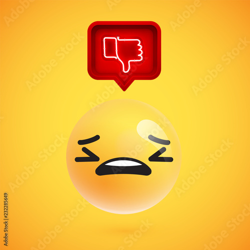 Realistic 3D emoticon with neon glowing dislike sign in a 3D speech bubble, vector illustration