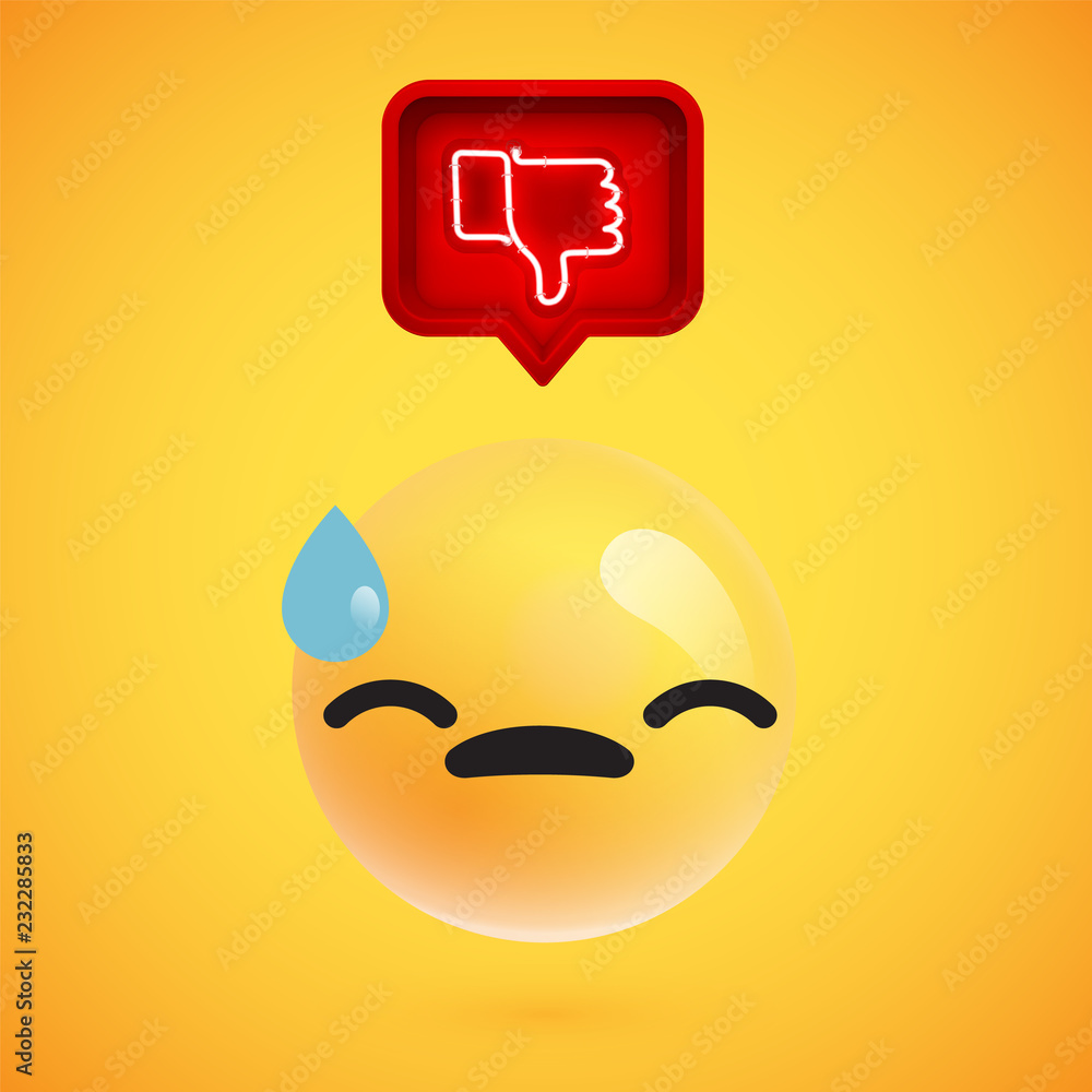 Realistic 3D emoticon with neon glowing dislike sign in a 3D speech bubble, vector illustration