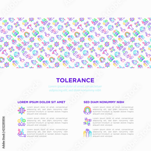 Tolerance concept with thin line icons: gender, racial, national, religious, sexual orientation, disability, respect, self-expression, human rights, democracy. Vector illustration for print media.