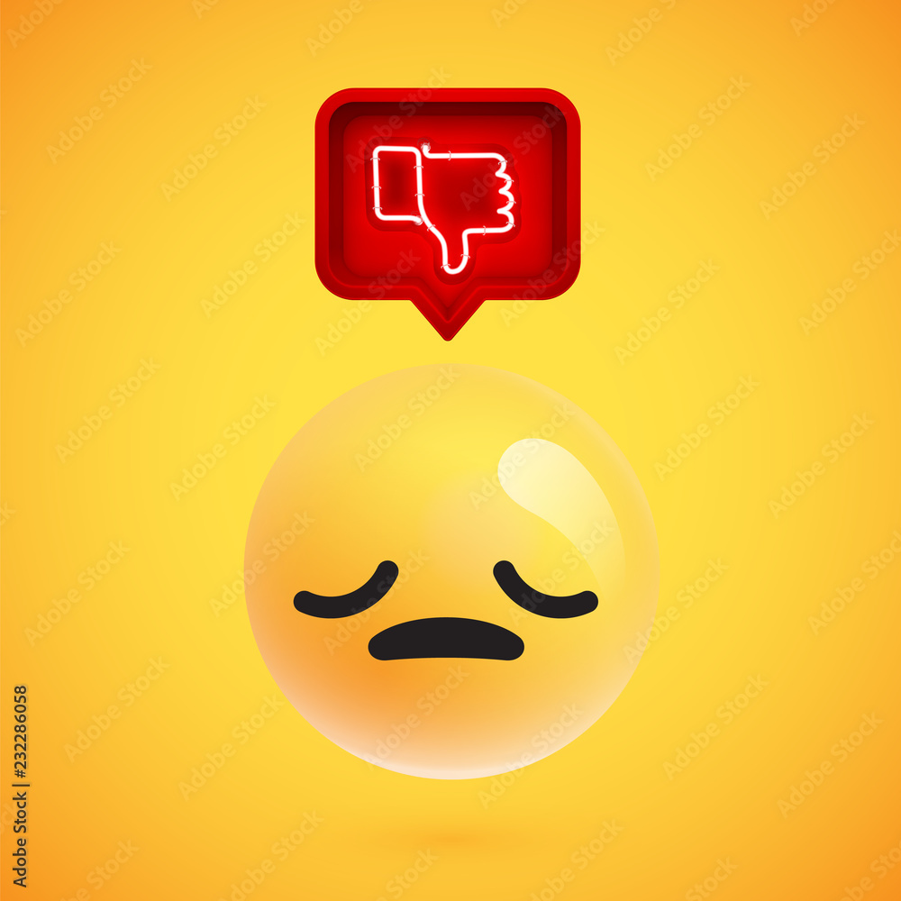 Realistic 3D emoticon with neon glowing dislike sign in a 3D speech bubble, vector illustration
