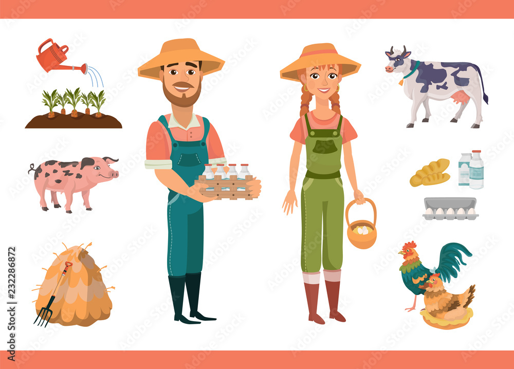 Fototapeta premium Cartoon farm clipart collection with farm workers