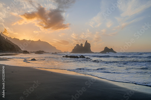 Benijo beach with sunset light, Anaga natural park, Tenerife, Canary islands, Spain