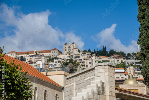 View of the Basilica of Jesus the Adolescent from the old city Nazareth, Israel