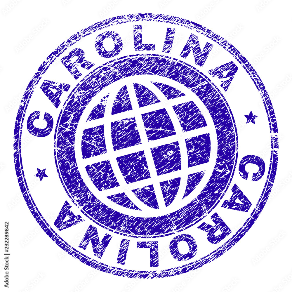 CAROLINA stamp watermark with grunge texture. Blue vector rubber seal imprint of CAROLINA text with unclean texture. Seal has words arranged by circle and globe symbol.