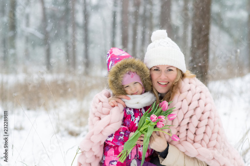 Happy Mother and Daughter Walking in Snowy Forest, Pastel Pink Merino Wool Giant Blanket, Cold Weather, Park, Outdoor, Flowers Tulips