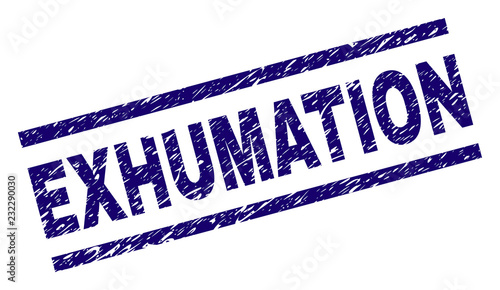EXHUMATION seal print with grunge style. Blue vector rubber print of EXHUMATION caption with dirty texture. Text caption is placed between parallel lines.