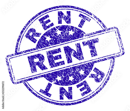 RENT stamp seal imprint with grunge texture. Designed with rounded rectangles and circles. Blue vector rubber print of RENT tag with dust texture.