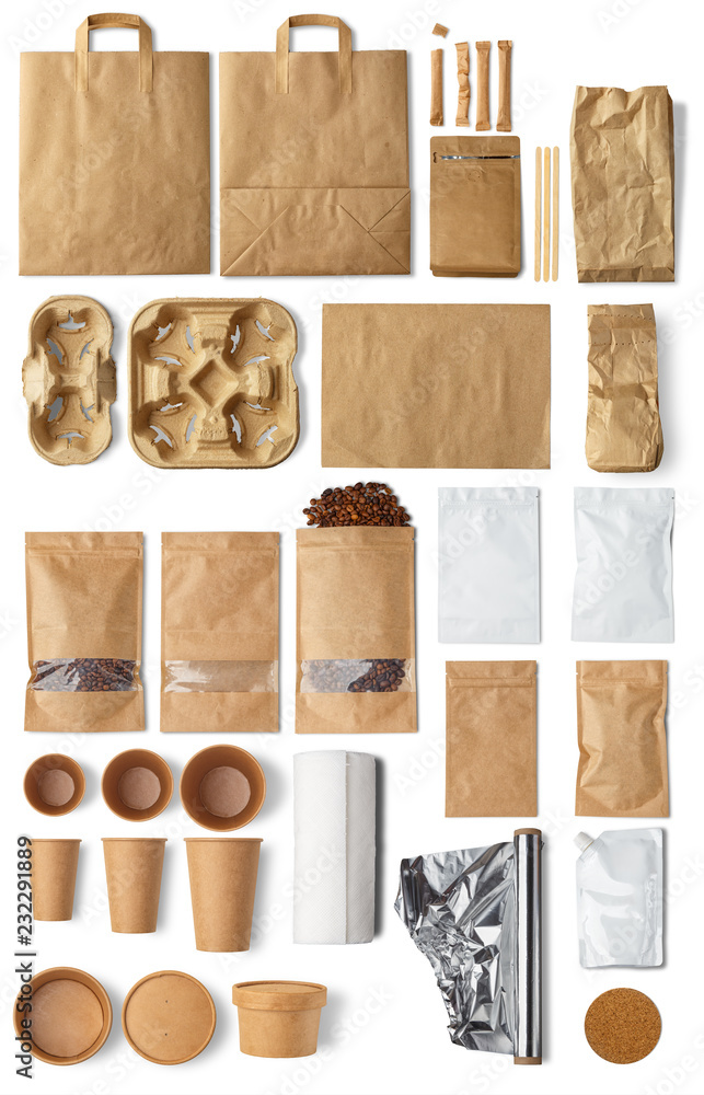 Foto de A set of various types of paper packaging and packaging. Isolated  on white background. High resolution. do Stock | Adobe Stock