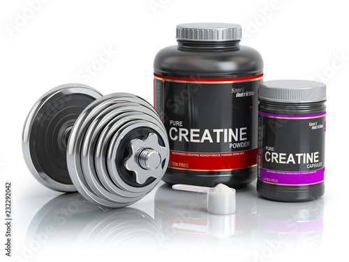 Creatine powder with scoop and dumbbell.Bodybuilder nutrition(supplement) concept. photo