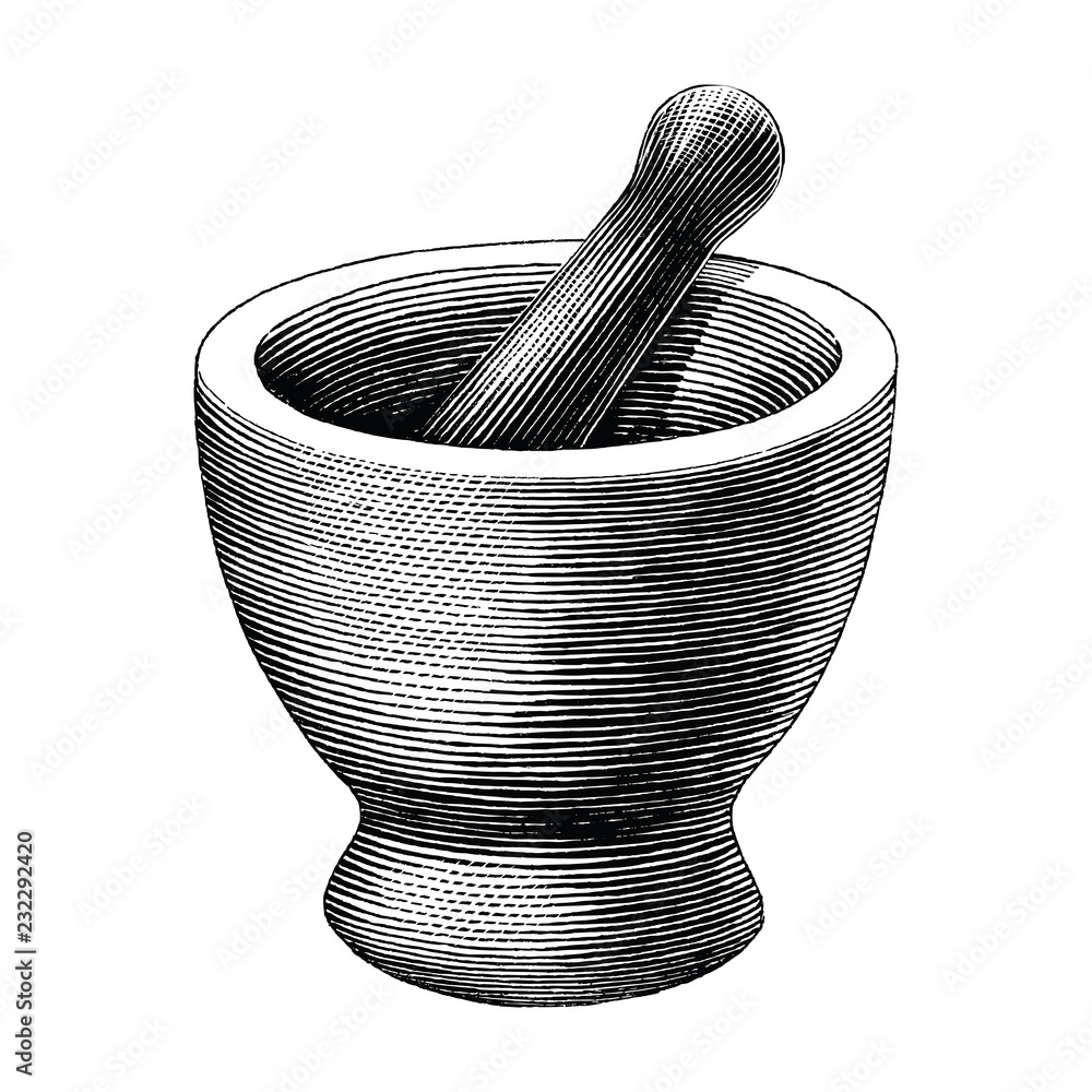 Mortar and pestle vintage engraving illustration isolated on white