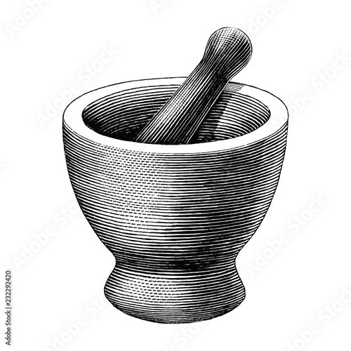 Mortar and pestle vintage engraving illustration isolated on white background,Logo of pharmacy and medicine