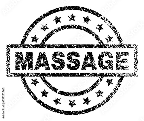 MASSAGE stamp seal watermark with distress style. Designed with rectangle, circles and stars. Black vector rubber print of MASSAGE text with dust texture.